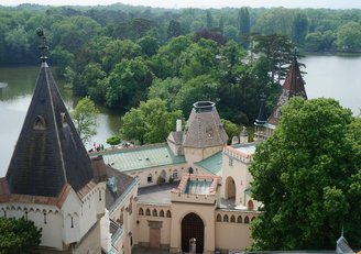 view on the lake and park area in Laxenburg from the top of a buidling