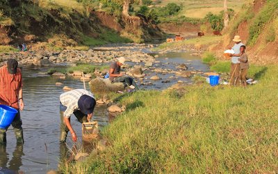 Two scientists looking for water quality and fish in a river in Ethiopia