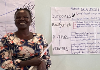 A woman standing in front of a poster